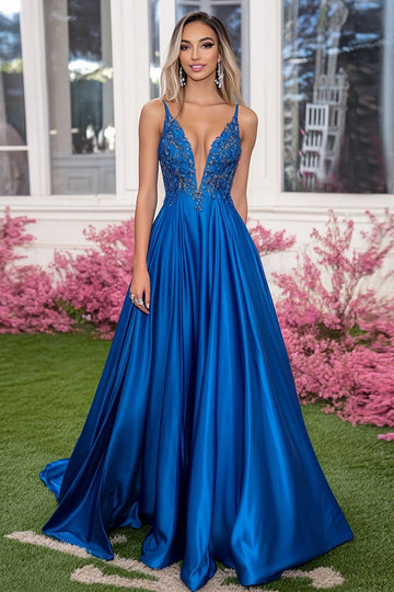 Sparkly Royal Blue A Line Deep V Neck Satin Long Formal Dress with Sequins